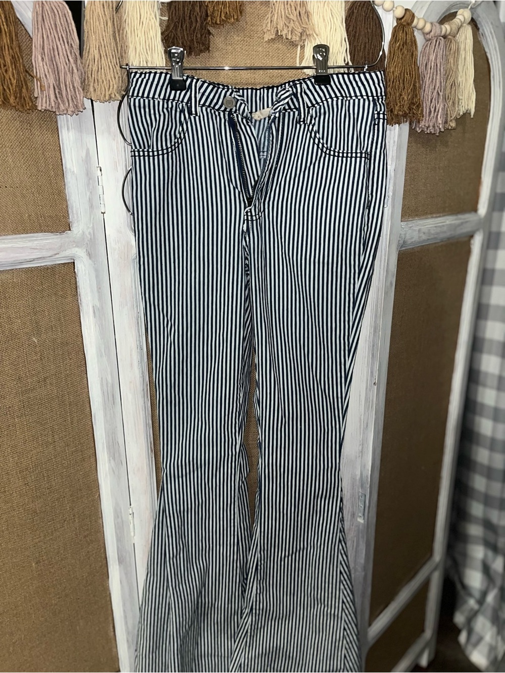 Blue & White Vertical Stripe Flare Jeans